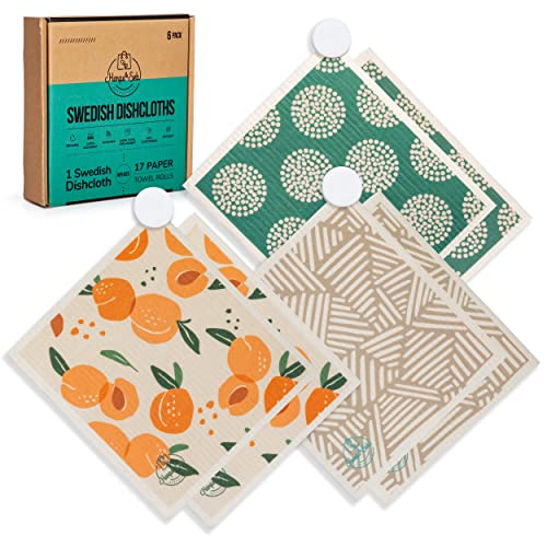 Harps&Seb Swedish Dish Cloths - Super Absorbent, Biodegradable & Washable - 6 Pack with Clips