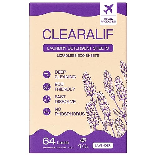 CLEARALIF Laundry Detergent Sheets - Powerful Stain Removal, Gentle on Skin, Lavender - 64 Loads