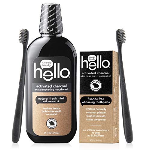 Hello Activated Charcoal Toothpaste Kit - Whitening, Fluoride-Free, Vegan - 4oz Tube, 16oz Rinse