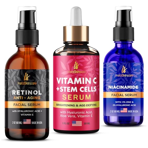 InstaSkincare Face Serum Set - Revitalizing Vitamin C, Niacinamide & Retinol - 5 oz Total