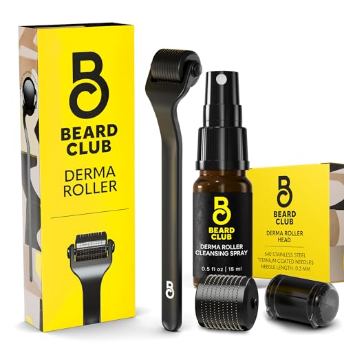 The Beard Club Beard Roller Set - Quality Titanium Needles, Cleansing Spray & 3 Heads