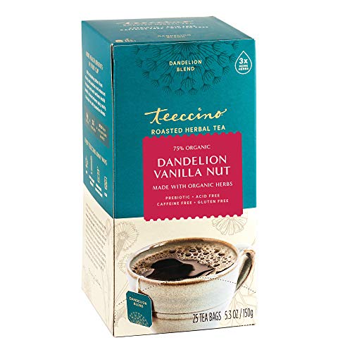 Teeccino Dandelion Herbal Tea - Caffeine-Free, Prebiotic Gut Support, 25 Tea Bags