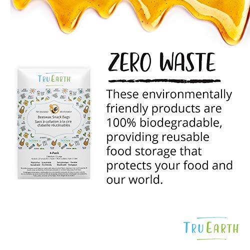 Tru Earth Beeswax Snack Bags - Reusable Food Storage, Biodegradable Materials - 4 Pack