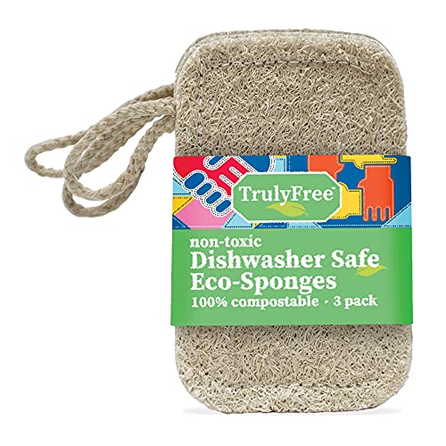 Truly Free Natural Cleaning Sponge - 100% Organic Luffa, Non-Scratch, Compostable - 3 Pack