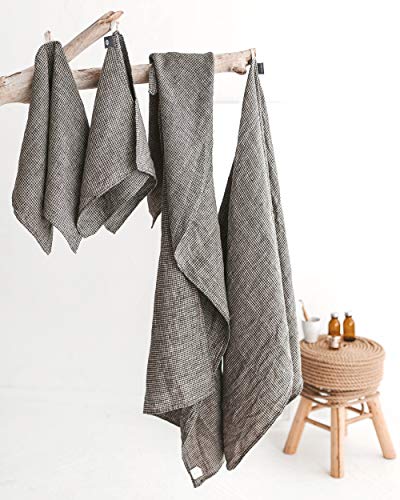 Linen Waffle Towel Set - Highly Absorbent, Quick-Dry, 100% Natural Flax - 4-Piece Black-Natural