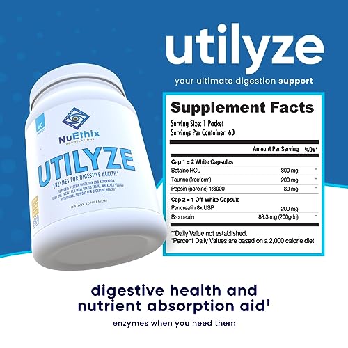 NuEthix Utilyze Digestive Enzymes - Supports Gut Health, Convenient Travel Packets - 60 Servings