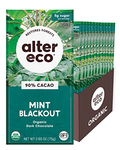 Alter Eco Dark Chocolate Bars - 90% Pure Cocoa, Fair Trade, Organic, Mint Flavor - 12-Pack