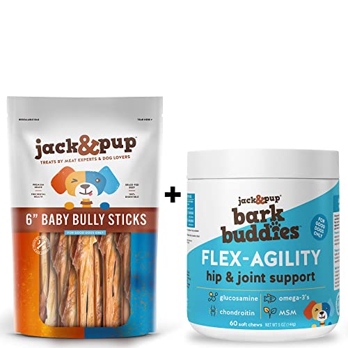 Jack&Pup Dog Treat Bundle - Healthy Baby Bully Sticks & Joint Support Chews - 10ct + 60ct