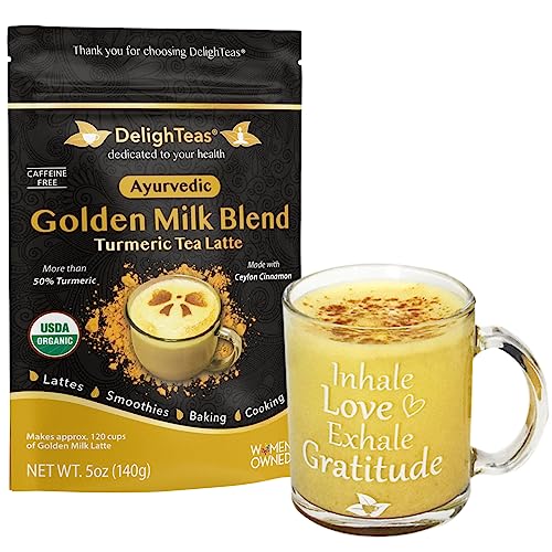 DelighTeas Organic Golden Milk Powder - Antioxidant Turmeric Blend, Vegan Mug Included - 12oz