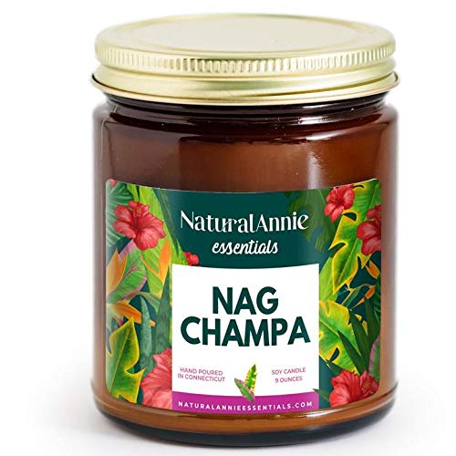 NaturalAnnie Essentials Soy Candle - NAG Champa Scent, Vegan, Hand-Poured - 9oz Amber Jar