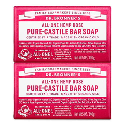 Dr. Bronner's Pure-Castile Bar Soap - Moisturizing, Organic Oils, Vegan - Rose, 5oz, 2-Pack