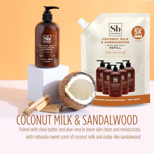 Soapbox Liquid Hand Soap - Moisturizing Coconut Milk & Sandalwood, Vegan, 12oz Pump (3-Pack)