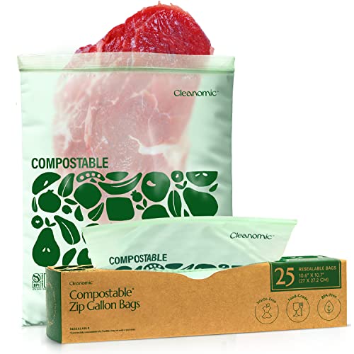 Cleanomic Gallon Size Food Storage Bags - Leak-Proof, Reusable & Compostable - 25 Count