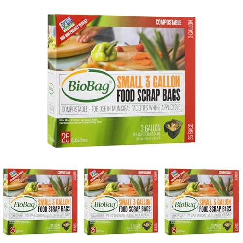 BioBag Compostable Food Scrap Bags - Certified Non-GMO, Strong & Breathable - 3 Gallon, 25 Count