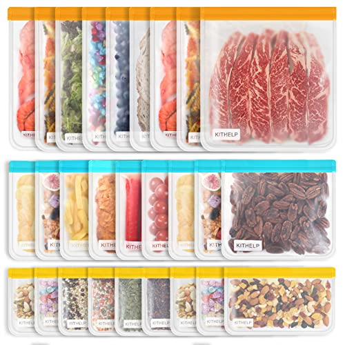 KITHELP Reusable Food Storage Bags - BPA Free, Leak-proof, Durable, 27 Pack Variety