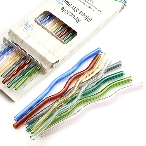 GET FRESH Reusable Wavy Glass Straws Set - Durable, Non-Toxic, Dishwasher Safe - 8pcs