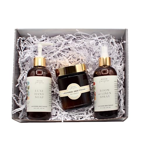 Luxe Home Fragrance Gift Set - Lavender Driftwood Candle, Room Spray, Soap - Elegant Decor