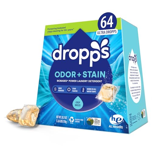 Dropps Laundry Detergent Pods - Power Stain Removal, Crisp Breeze Scent, Biobased - 64 Count