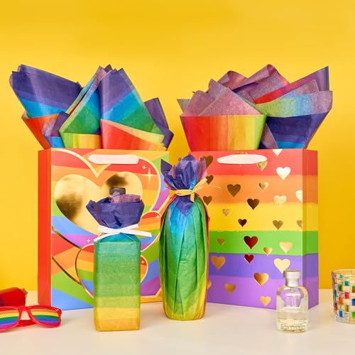PAPER FAIR Rainbow Gift Wrap - Vibrant Design, Recyclable Materials - 12 Bags & 60 Sheets