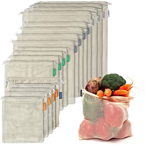 17 Reusable Cotton Mesh Produce Bags - 100% Organic, Durable, Washable, 4 Sizes