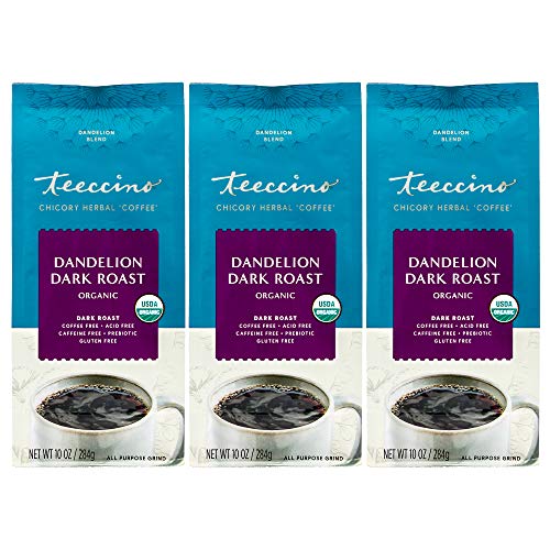 Teeccino Dandelion Dark Roast Herbal Coffee - Caffeine-Free, Prebiotic, Organic - 10oz (Pack of 3)