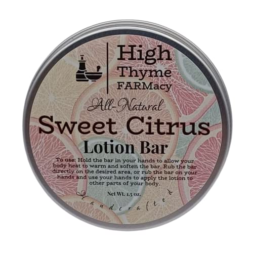 High Thyme FARMacy Sweet Citrus Lotion Bar - Moisturizes Dry Skin, Essential Oils - 2.25" Round