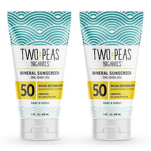 Two Peas Organics SPF 50 Sunscreen - Mineral Formula, Coral Reef Safe, Waterproof - 2 Pack