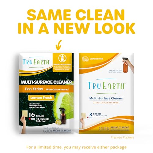 Tru Earth Multi-Purpose Cleaner Strips - Non-Toxic, Fresh Lemon Scent, 16 Strips, 250ml Each