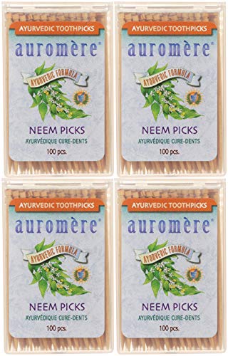 Auromere Neem Toothpicks - Breath Freshening, Vegan, Non-GMO, Birchwood - 100 Count, 4 Pack