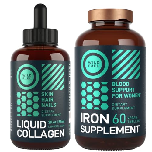 WILD FUEL Vitamins & Supplements Bundle - Iron & Folic Acid, Liquid Collagen & Biotin - 60ct