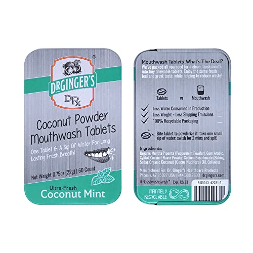 Dr. Ginger's Mouthwash Tablets - Fresh Breath, Plaque Defense, Coconut Mint Flavor - 60 Tablets