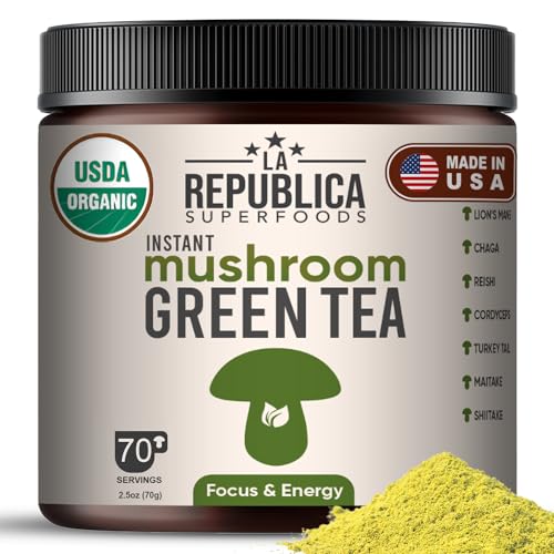 La Republica Mushroom Green Tea - Boosts Focus & Immunity with 7 Mushroom Powders - 70 Servings