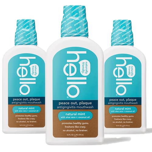 Hello Peace Out Mouthwash - Antigingivitis, Alcohol-Free with Aloe & Coconut Oil - 16oz, Pack of 3