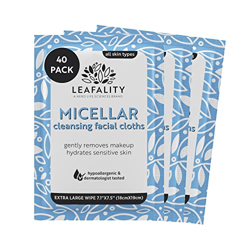 LEAFALITY Micellar Cleansing Cloths - Gentle Plant-Based Formula, Biodegradable - Extra-Large 40ct