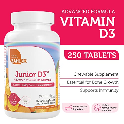 Zahler Junior D3 Vitamins 1000 IU - Supports Bone & Immune Health, Low Sugar - 250 Count