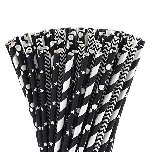 ALINK Drinking Straw & Stirrer Set - Biodegradable, Sturdy, 4 Fun Designs, 100 Count - 7.75"