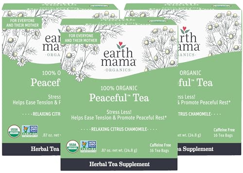 Earth Mama Organic Peaceful Tea - Calming Herbal Blend, Non-GMO, Caffeine-Free - 16 Bags