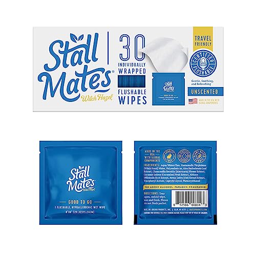 Stall Mates Adult Hygienic Wipes - Soothing Witch Hazel, Flushable & Hypoallergenic - 30 Singles