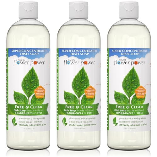 Natural Flower Power Dish Soap - Cuts Grease, Vegan, Plant-Based, Unscented - 16oz (3 Pack)