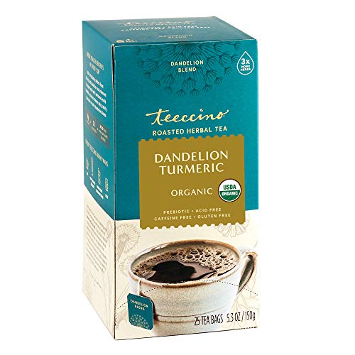 Teeccino Dandelion Turmeric Tea - Caffeine-Free Herbal Blend, Prebiotics for Gut Health - 25 Bags