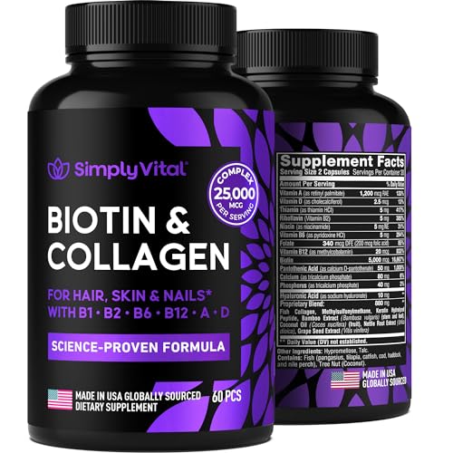 SimplyVital Hair Supplement - Boosts Hair, Skin & Nails with Biotin, Collagen & Keratin - 60 Caps