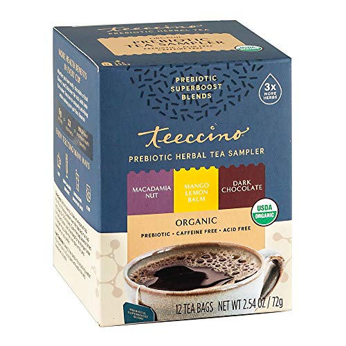 Teeccino Prebiotic Herbal Tea Sampler - Gut Health Boost with Vegan GOS & Organic XOS - 12 Bags