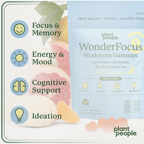 Plant People WonderFocus Mushroom Gummies - Boost Memory, Focus & Energy - 60 Citrus Gummies