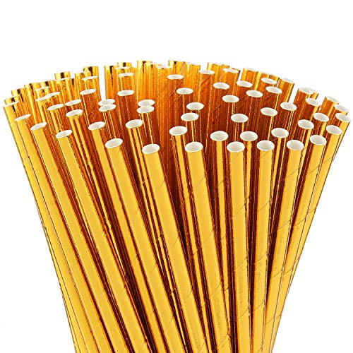 ALINK Drinking Straw & Stirrer Set - Biodegradable Gold Foil, Sturdy & Food Safe - Pack of 100