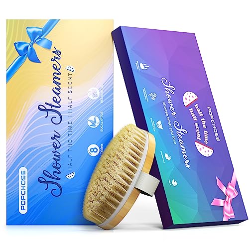 POPCHOSE Shower Steamer Gift Set - Aromatherapy Relaxation, Natural Ingredients - 2 Tablets & Brush