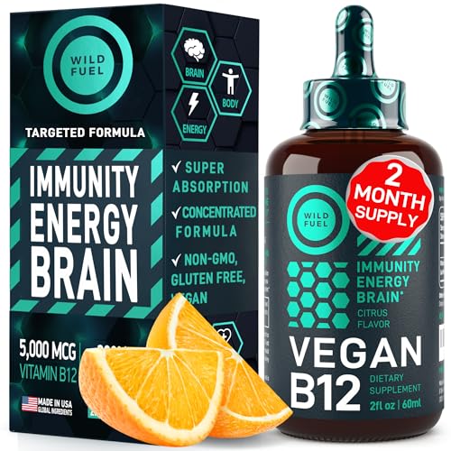 Vegan Vitamin B12 Liquid Drops - Energy & Mood Support, Non-GMO, Natural Orange - 2oz