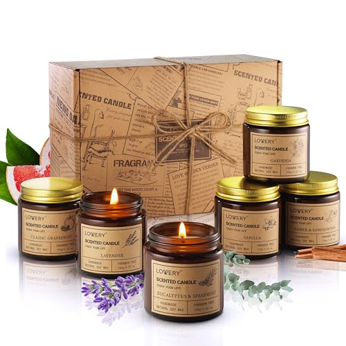 Lovery Candle Set - Relaxing Aromatherapy, Pure Soy Wax, 6 Scents in Amber Jars - 6x3.5oz