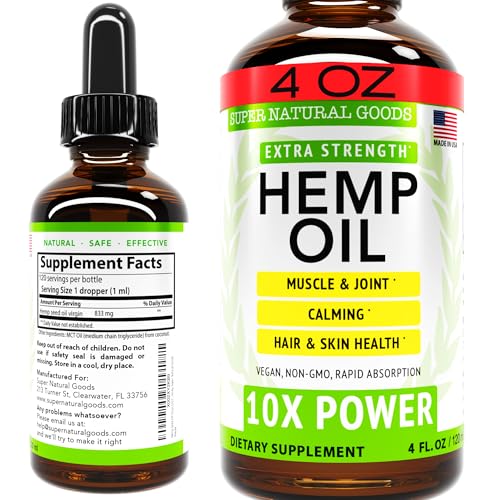 Super Natural Goods Hemp Oil - Maximum Strength Relief, Vegan, Non-GMO - 4oz