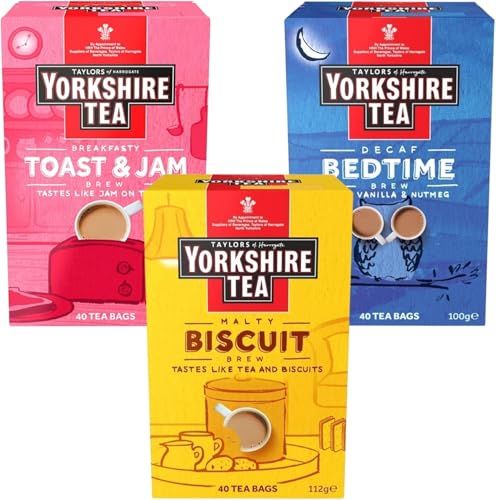 Yorkshire Tea Variety Pack - Flavorful Malty Biscuit, Decaf Bedtime, Toast & Jam - 120 Bags