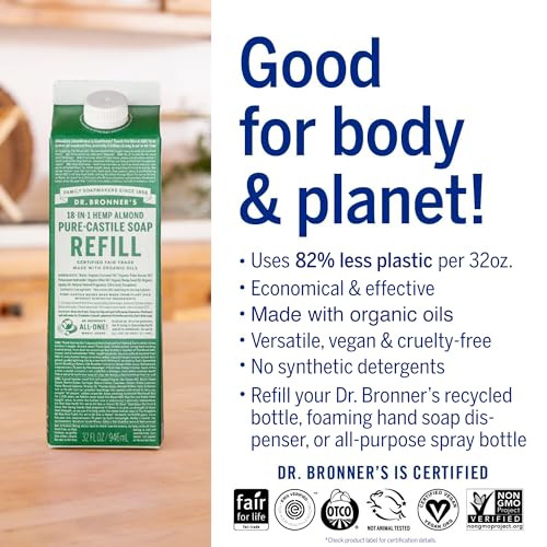 Dr. Bronner's Body Soap Refill - Organic Oils, 82% Less Plastic, 18-in-1 Uses - 32oz Almond